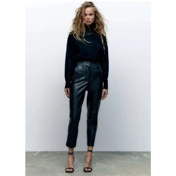 Zara Hihj Rise Faux Leather Slim Straight Leg Pants Size M Medium Black